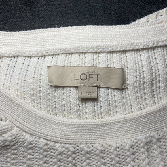 Ann Taylor Loft Cream Cable Knit Sweater Womens L 100% Cotton Ivory Crew EUC - Picture 3 of 9
